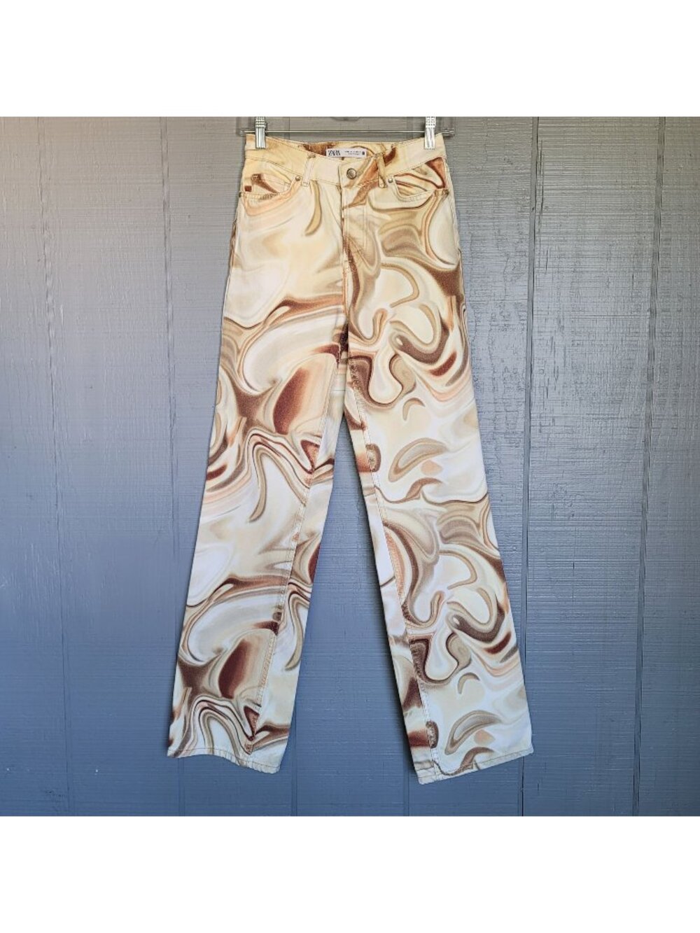 Zara Sz 2 Swirl Print Jeans High Rise Wide Leg Abstract Marble  Y2K 70s Revival